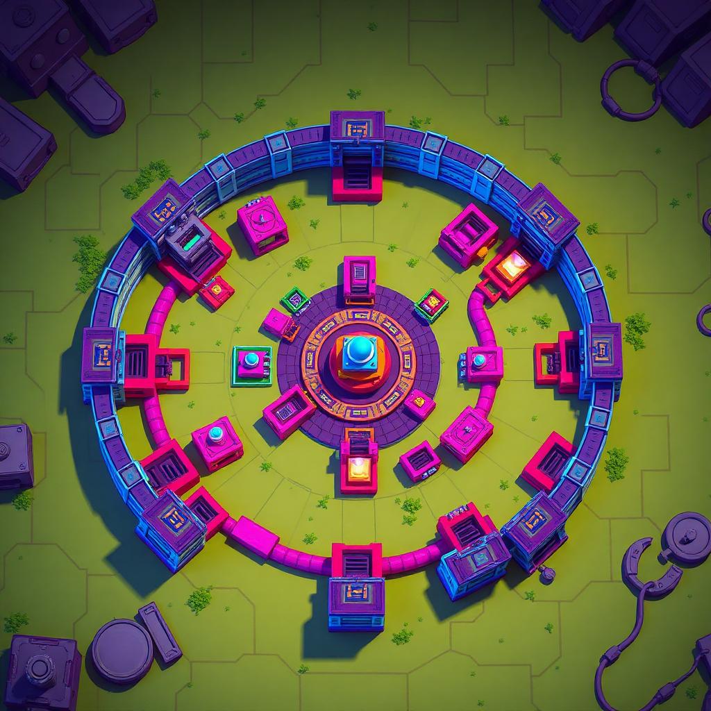 Top-down view of a concentric base defense layout with rings of brainrots